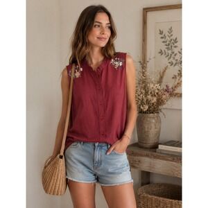 SHEIN Embroidered Floral Boho Cottagecore Sleeveless Button Front Blouse L